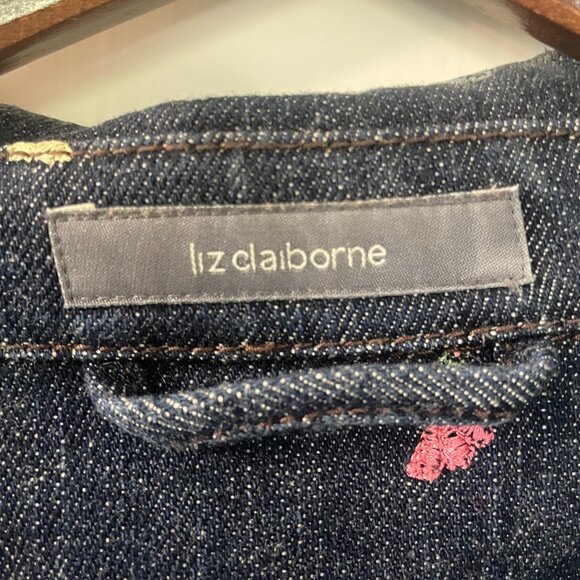 Liz Claiborne Womens Sz XL Floral Embroidered Dark Blue Denim Jacket RARE - Picture 4 of 6